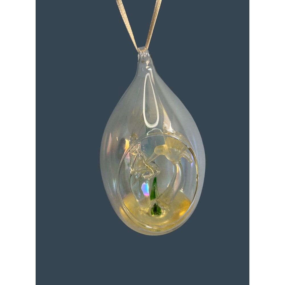 Handcrafted Glass Hummingbird & Flower Teardrop Diorama Ornament With Ribbon